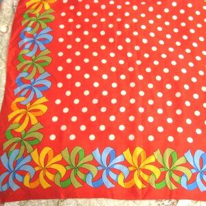 ESTATE 30" SQUARE RED w/WHITE DOTS AND COLORED RIBBONS DESIGN SILK ECHO SCARF